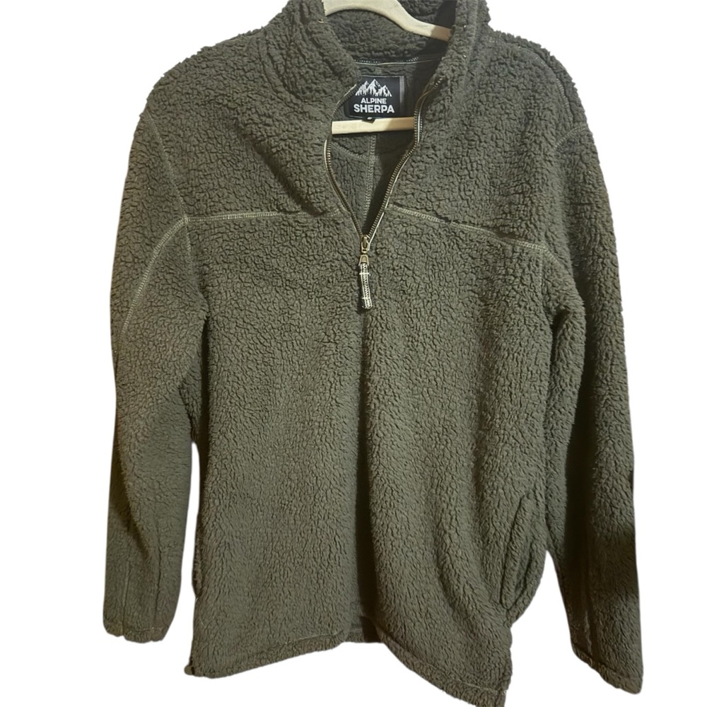 Alpine Sherpa olive green pullover 1/4 quarter zip teddy bear fleece mens small